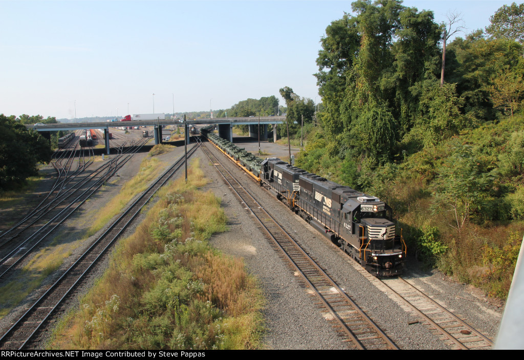 NS 6327 leads military equipment out of Enola yard